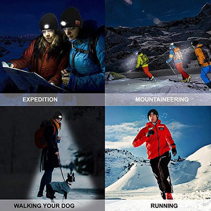 Bluetooth Beanie Hat with Light, Unisex USB Rechargeable 4 LED Headlamp Cap with