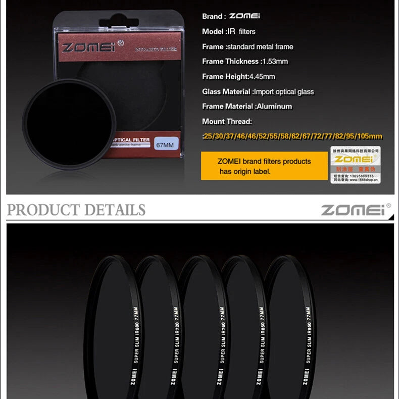 Zomei Infrared IR filter 680nm for camera DSLR 25/30/37/49/52/55/58/62/67/72mm