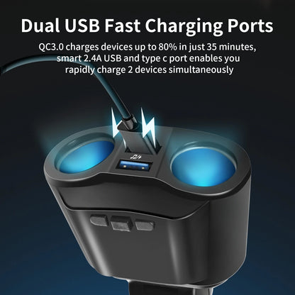 USB Car Charger Bluetooth Splitter Cigarette Lighter Fast Charge Switch Adapter