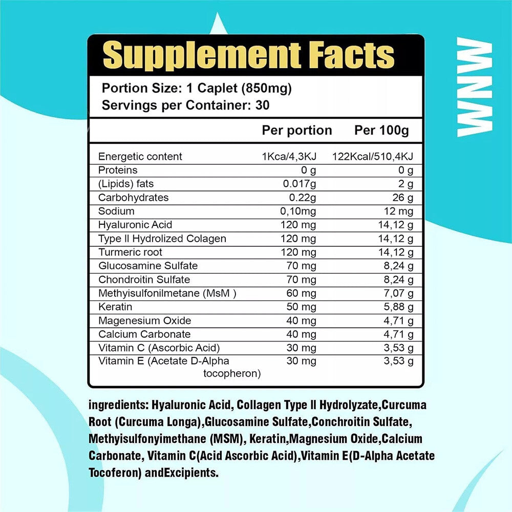 1-5 PACK New Hyaluronic-Acid 30 Caplets 850 mg Replenish energy