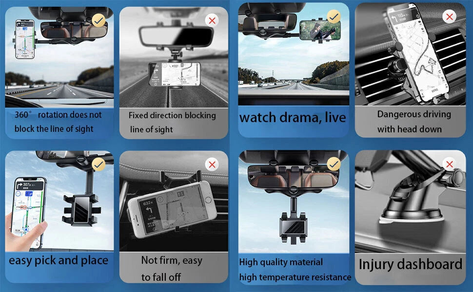 360° Car Phone Holder Rotatable And Retractable Rearview Mirror Mount Universal