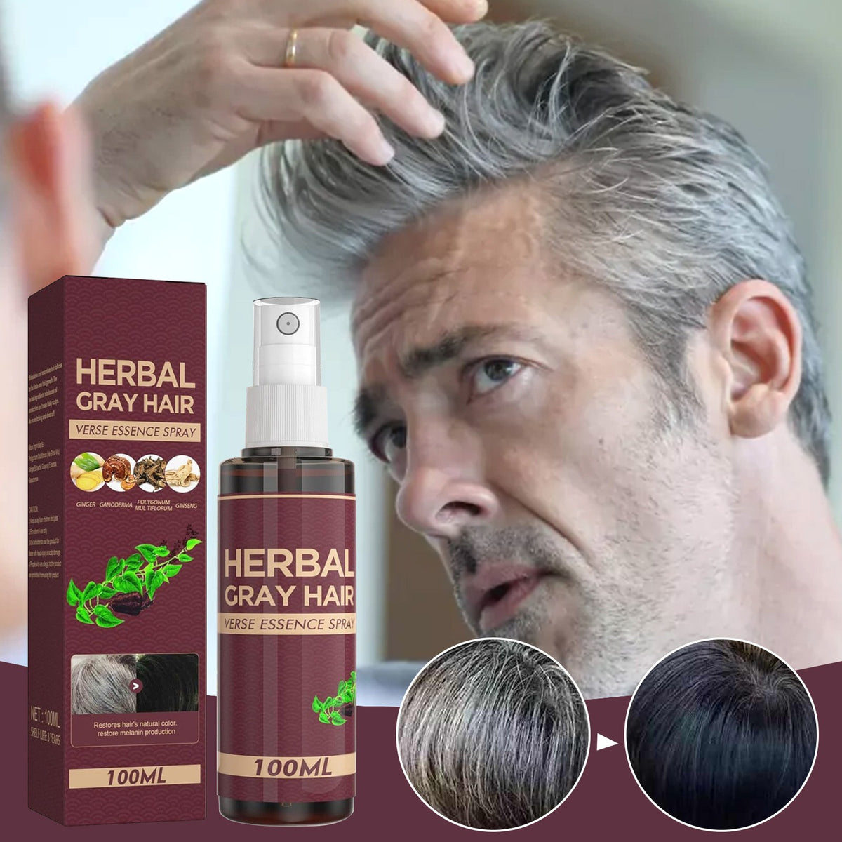 100ml Herbal Gray Hair Reverse Spray - Natural Black Hair Restoration Treatment
