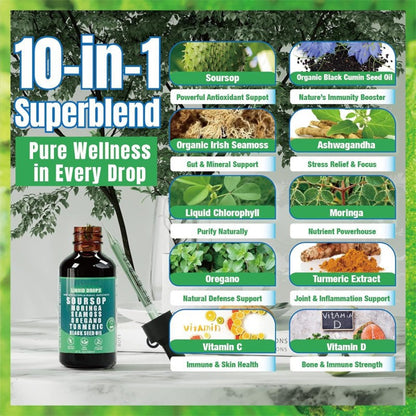 Soursop Bitters Liquid Drops with Turmeric Black Seed Support Sea Moss Moringa