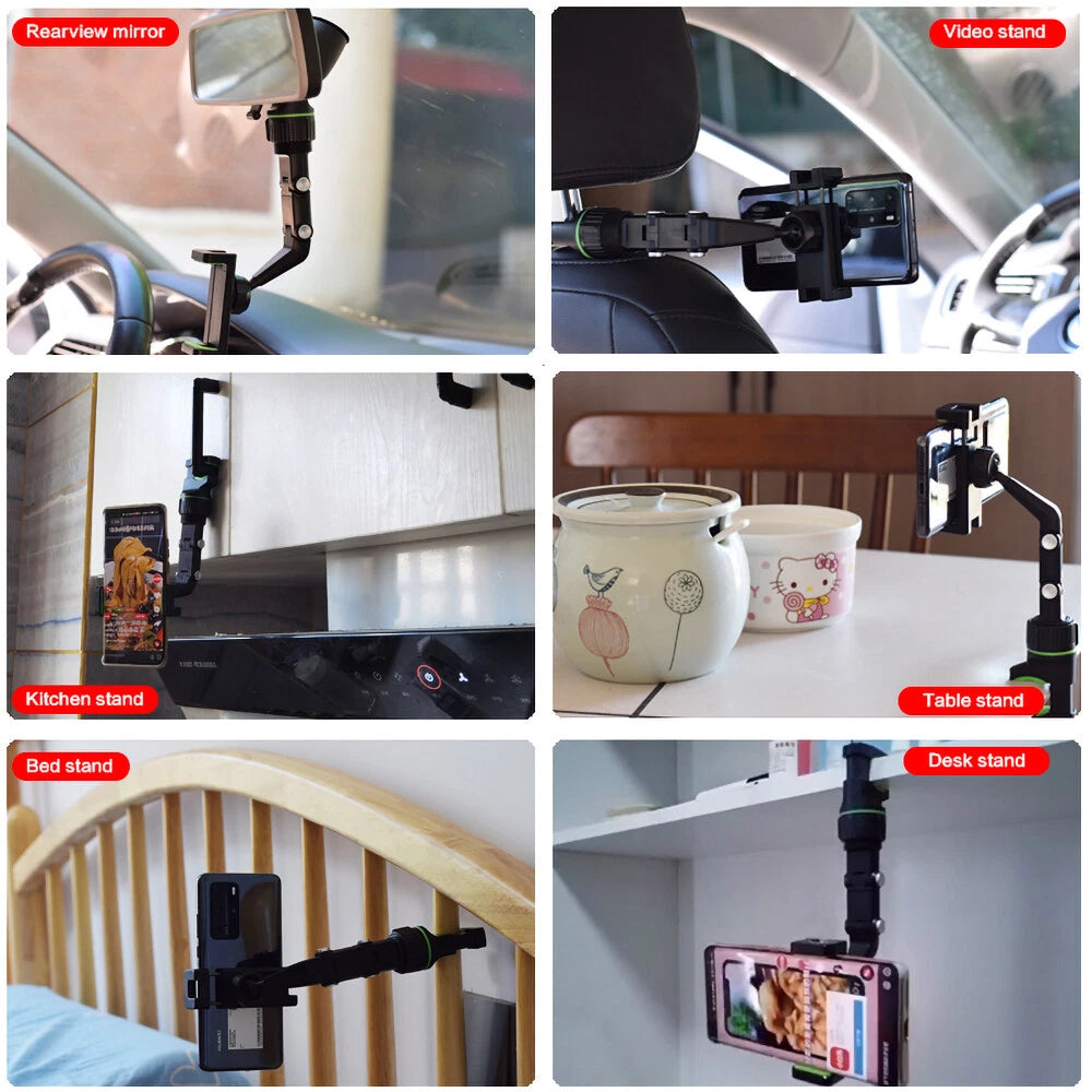 360° Car Rearview Mirror Rotation Adjustable Phone Holder Mount Multifunction
