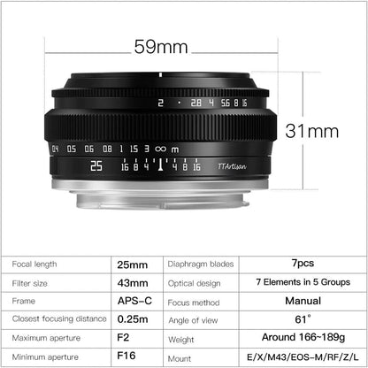 TTArtisan 25mm f2 APS-C Manual Focus Mirrorless Camera Lens with M43 Mount