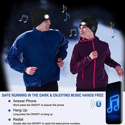 Bluetooth Beanie Hat with Light, Unisex USB Rechargeable 4 LED Headlamp Cap with
