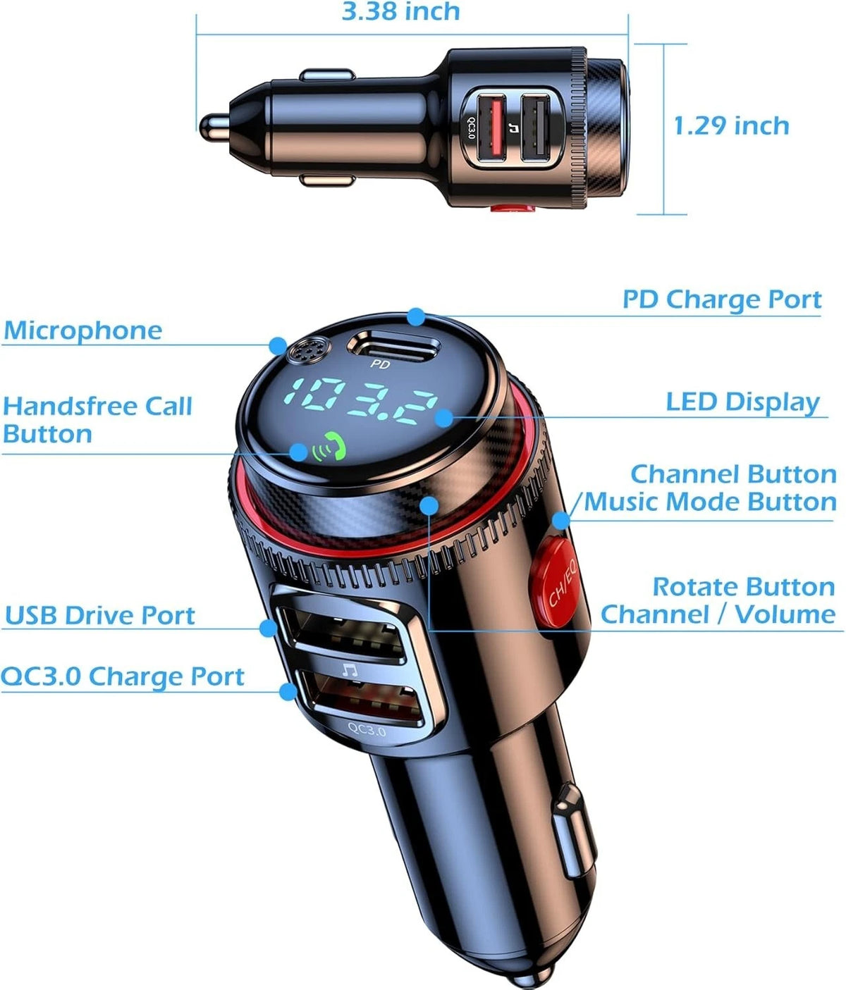 Car Bluetooth FM Transmitter PD 45W Car Charger Power Adapter Cigarette Lighter