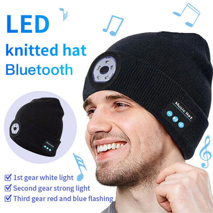 Bluetooth Beanie Hat with Light, Unisex USB Rechargeable 4 LED Headlamp Cap with