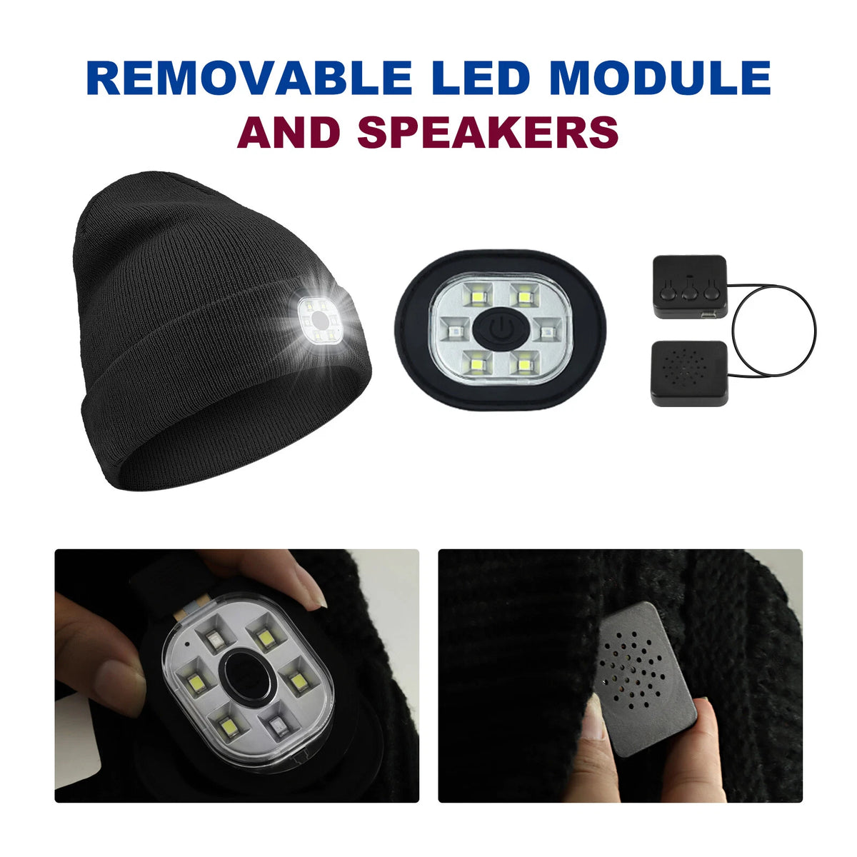 Bluetooth Beanie Hat with Light, Unisex USB Rechargeable 4 LED Headlamp Cap with
