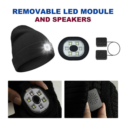 Bluetooth Beanie Hat with Light, Unisex USB Rechargeable 4 LED Headlamp Cap with
