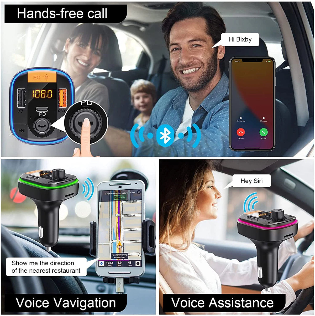 Bluetooth FM Transmitter for Car - BAISHUN Bluetooth Car Adapter PD20W+QC3.0 Cig