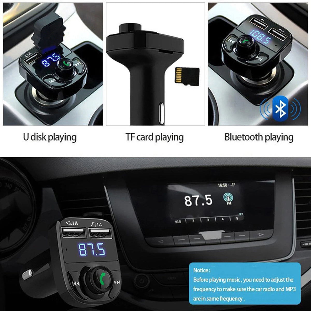 Bluetooth 5.0 Wireless FM Transmitter Adapter 2 USB PD Car Charger AUX Handsfree