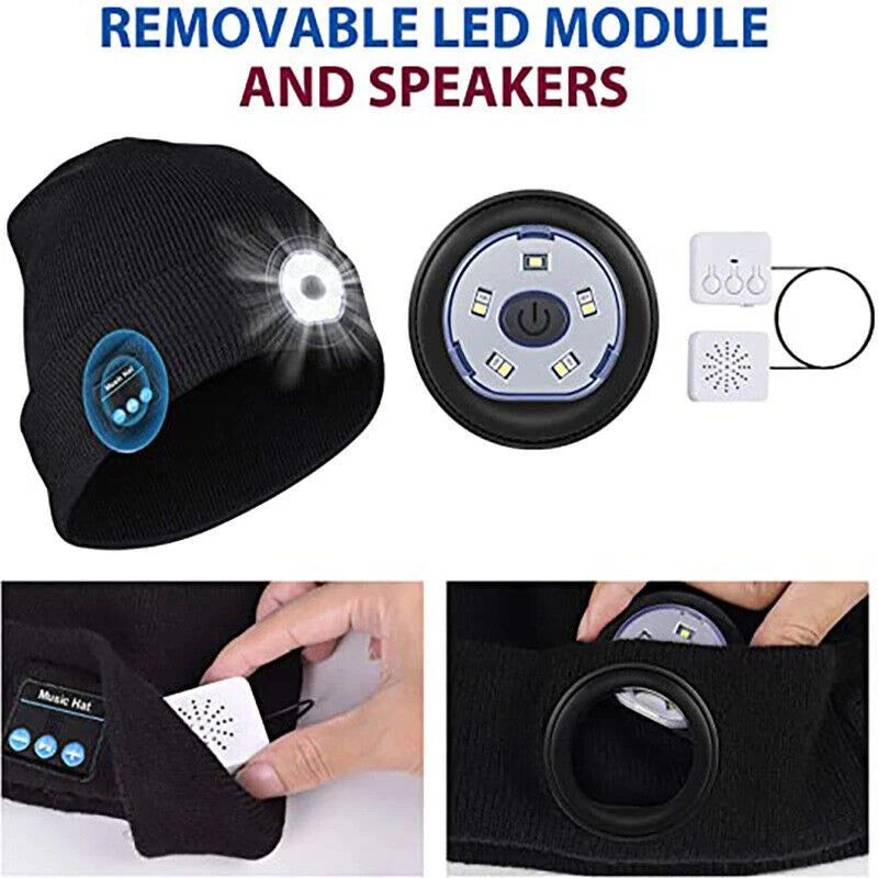 Bluetooth Beanie Hat with Light, Unisex USB Rechargeable 4 LED Headlamp Cap with