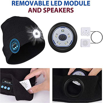 Bluetooth Beanie Hat with Light, Unisex USB Rechargeable 4 LED Headlamp Cap with
