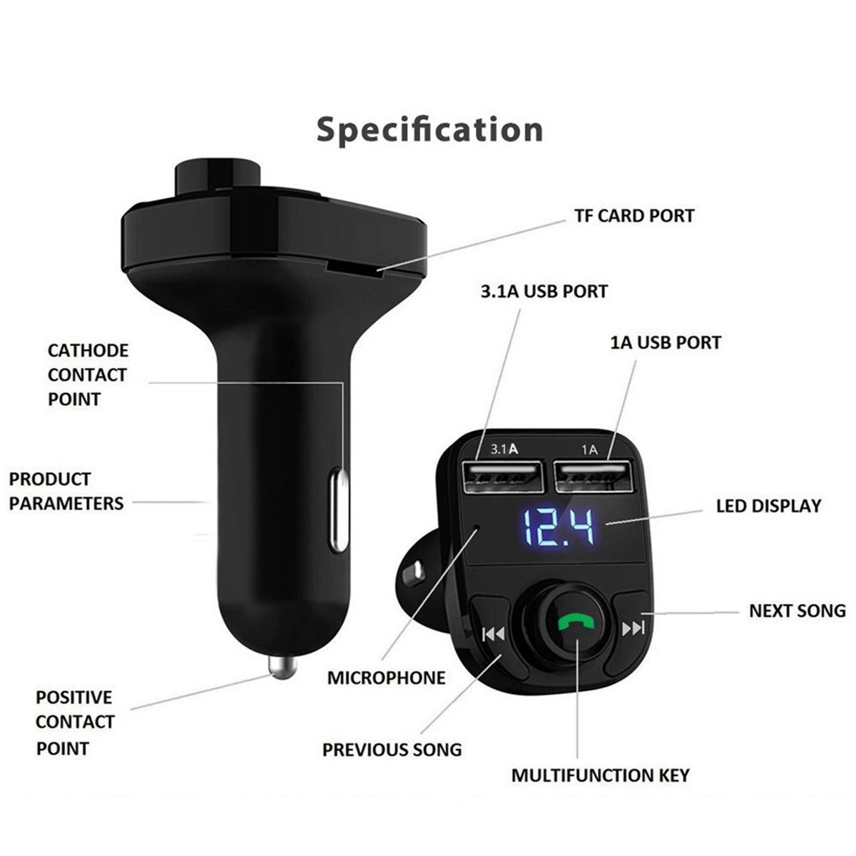 Bluetooth 5.0 Wireless FM Transmitter Adapter 2 USB PD Car Charger AUX Handsfree