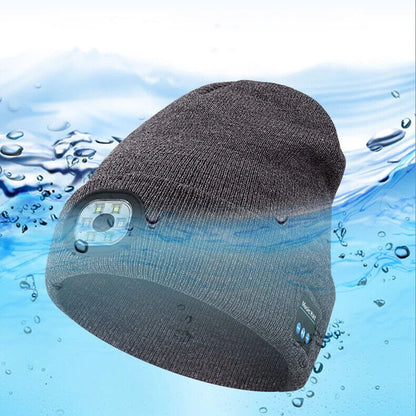 Bluetooth Beanie Hat with Light, Unisex USB Rechargeable 4 LED Headlamp Cap with