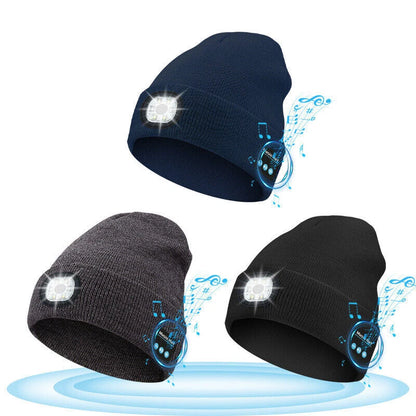 Bluetooth Beanie Hat with Light, Unisex USB Rechargeable 4 LED Headlamp Cap with