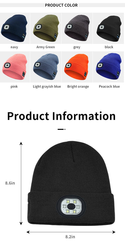 Bluetooth Beanie Hat with Light, Unisex USB Rechargeable 4 LED Headlamp Cap with