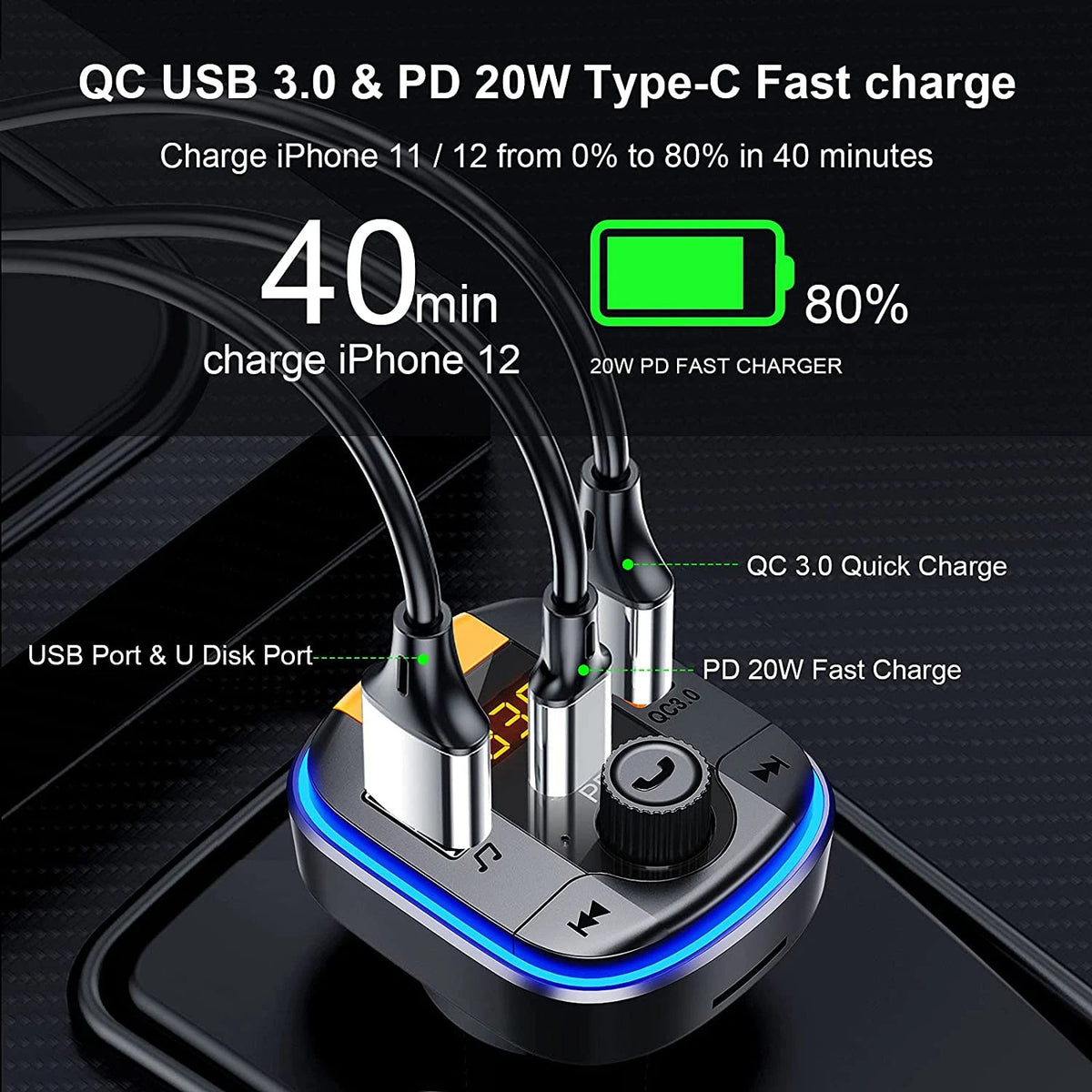 Bluetooth FM Transmitter for Car - BAISHUN Bluetooth Car Adapter PD20W+QC3.0 Cig
