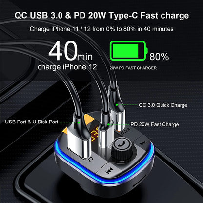 Bluetooth FM Transmitter for Car - BAISHUN Bluetooth Car Adapter PD20W+QC3.0 Cig
