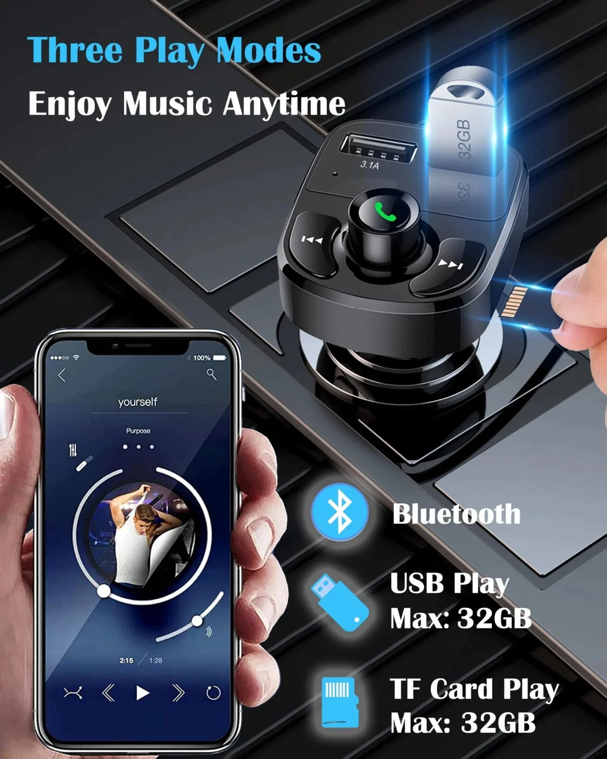 Bluetooth 5.0 Wireless FM Transmitter Adapter 2 USB PD Car Charger AUX Handsfree